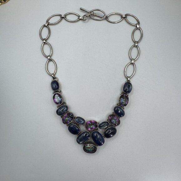 Sterling Silver Statement Labradorite Bib Necklace W/Blue Topaz By Silver Rush - Picture 6 of 10